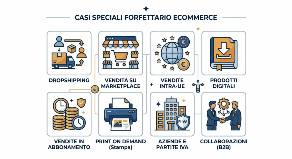 Forfettario ecommerce 2026 — guida agli 8 casi speciali: dropshipping, marketplace, vendite UE