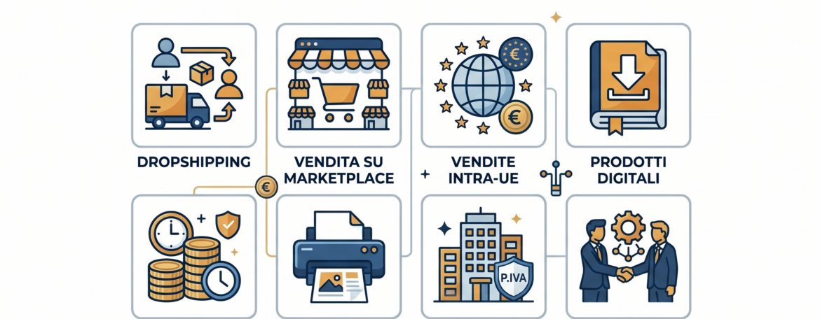 Forfettario ecommerce 2026 — guida agli 8 casi speciali: dropshipping, marketplace, vendite UE
