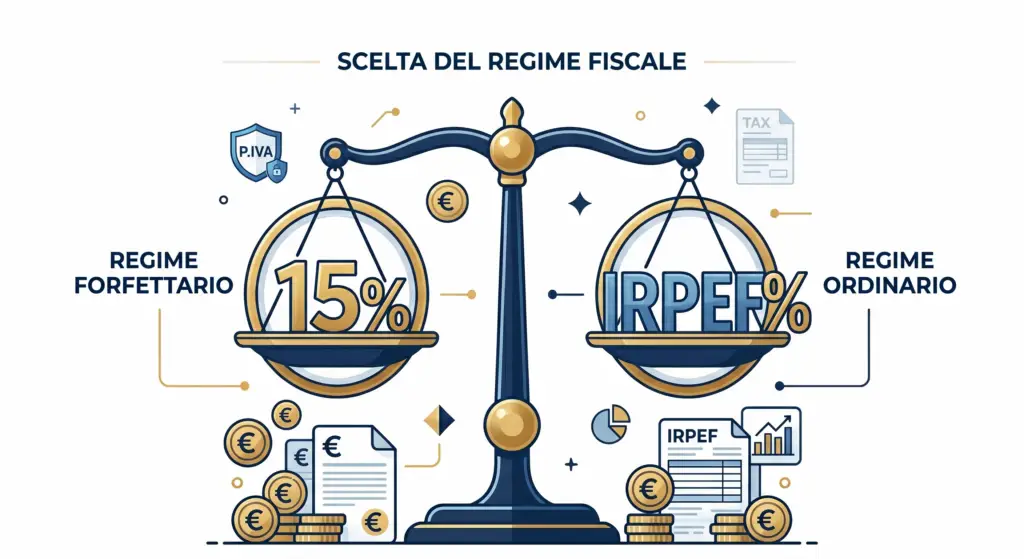 Confronto forfettario vs ordinario 2026 — bilancia fiscale flat design DLF Tax