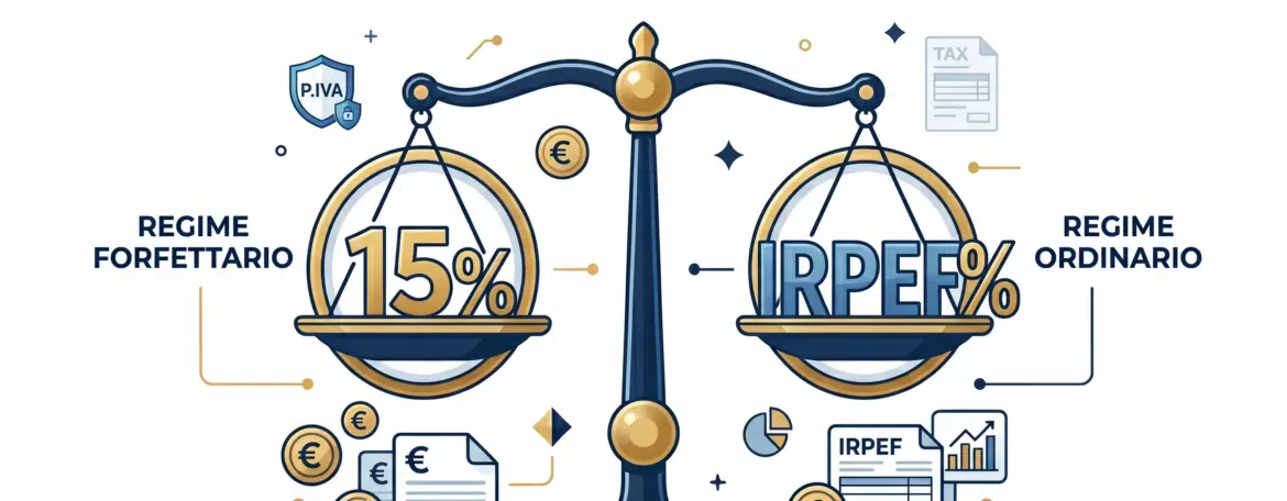 Confronto forfettario vs ordinario 2026 — bilancia fiscale flat design DLF Tax