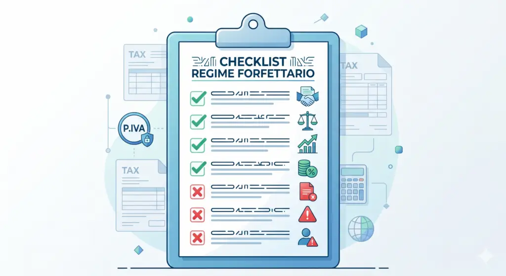 Illustrazione cause ostative regime forfettario 2026 — checklist fiscale flat design