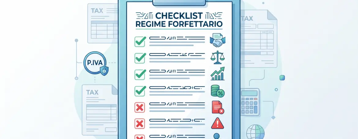 Illustrazione cause ostative regime forfettario 2026 — checklist fiscale flat design